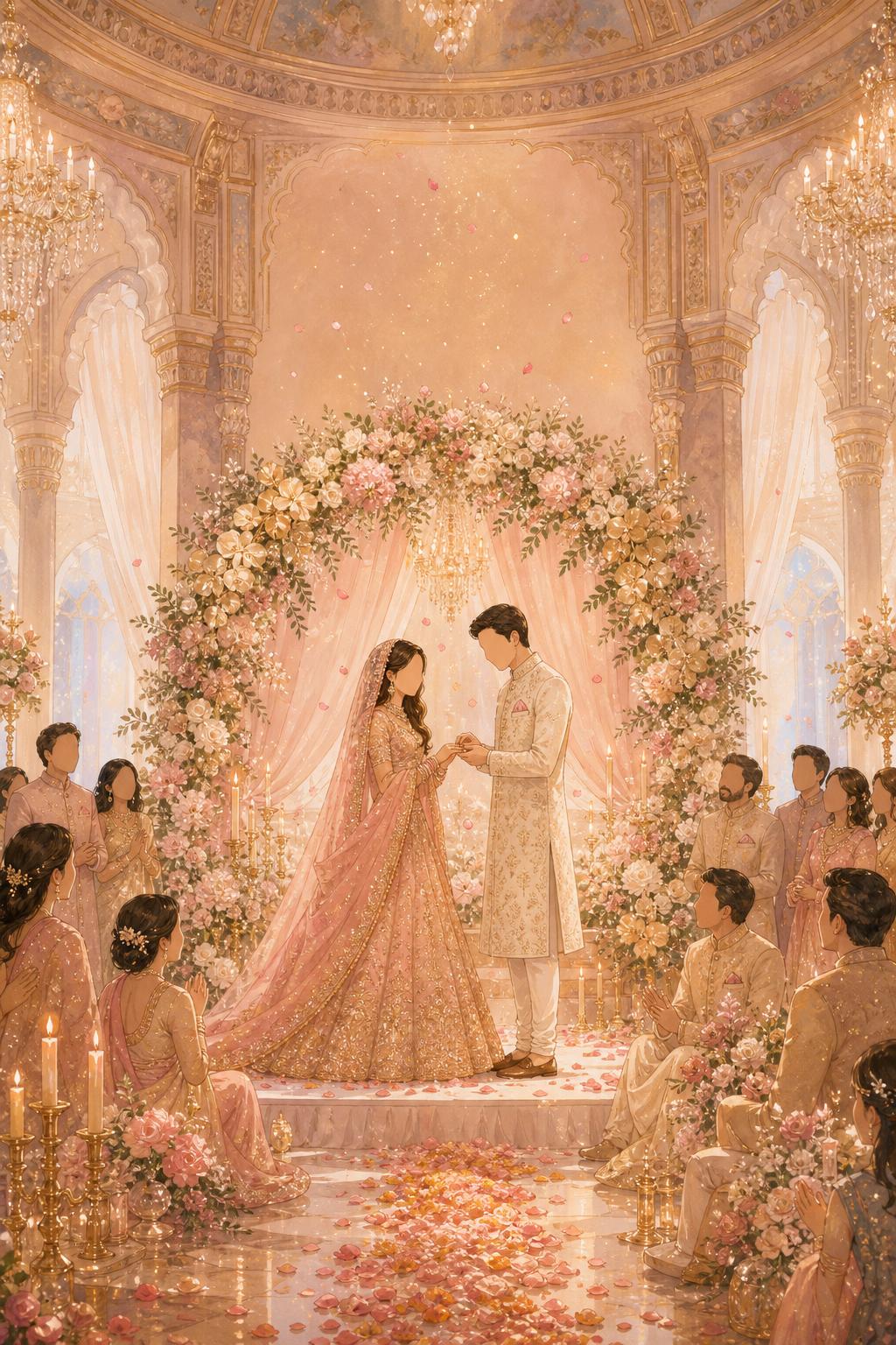Painterly illustration of an Indian engagement ring ceremony in a palace ballroom