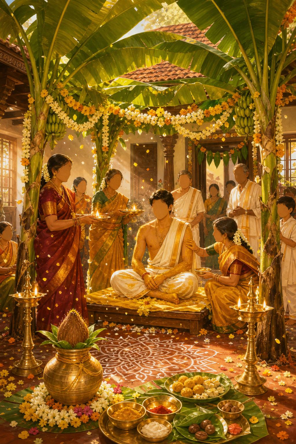 Painterly illustration of a traditional Telugu Pellikoduku ceremony