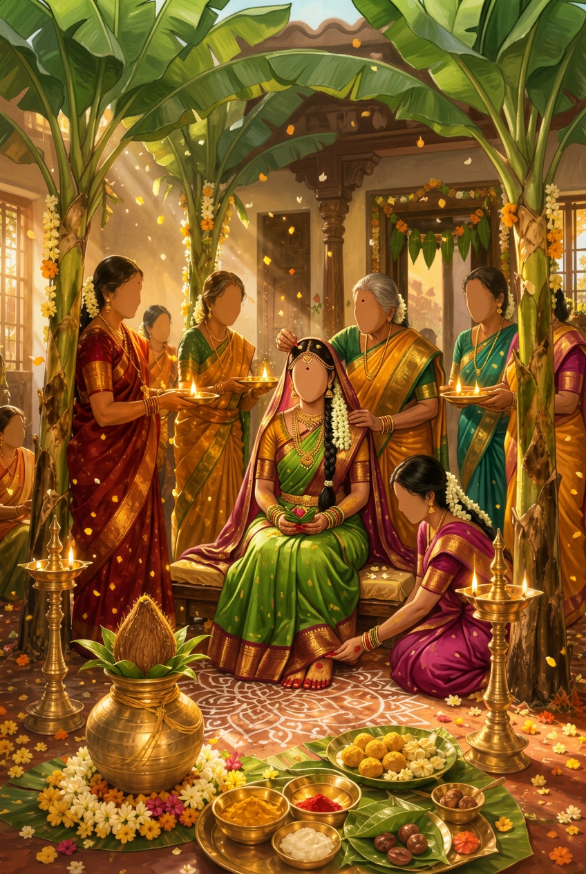 Painterly illustration of a traditional Telugu Pellikuthuru ceremony