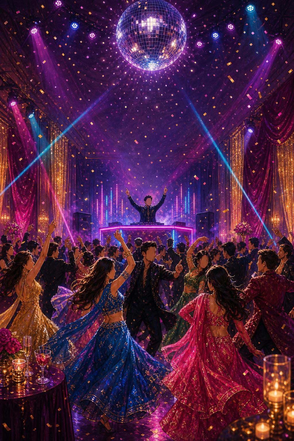 Painterly illustration of an Indian Sangeet disco night