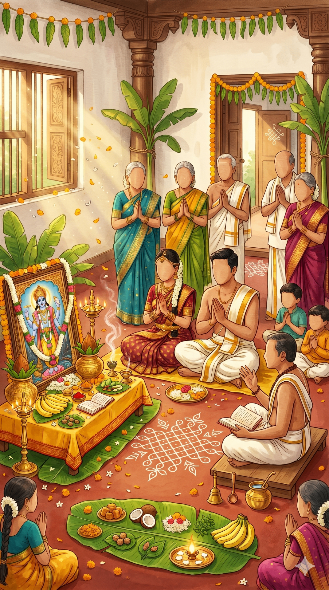 Painterly illustration of a traditional Telugu Satyanarayana Vratham puja