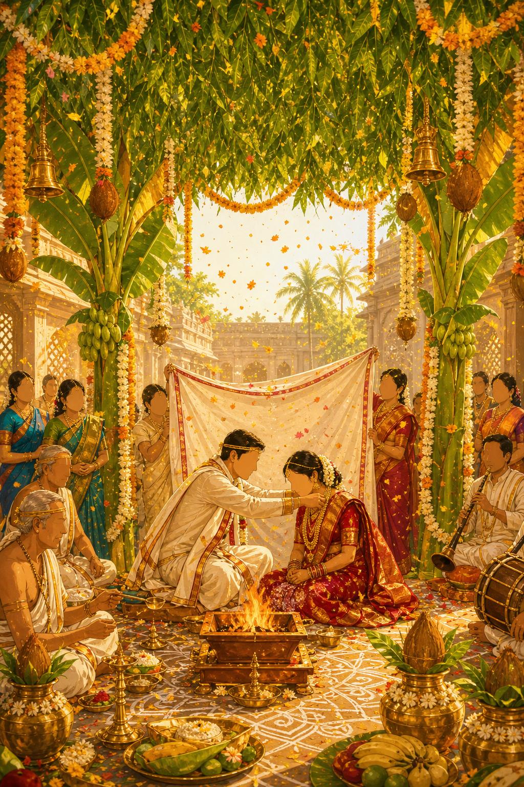 Painterly illustration of a traditional Telugu wedding mangalsutram ceremony
